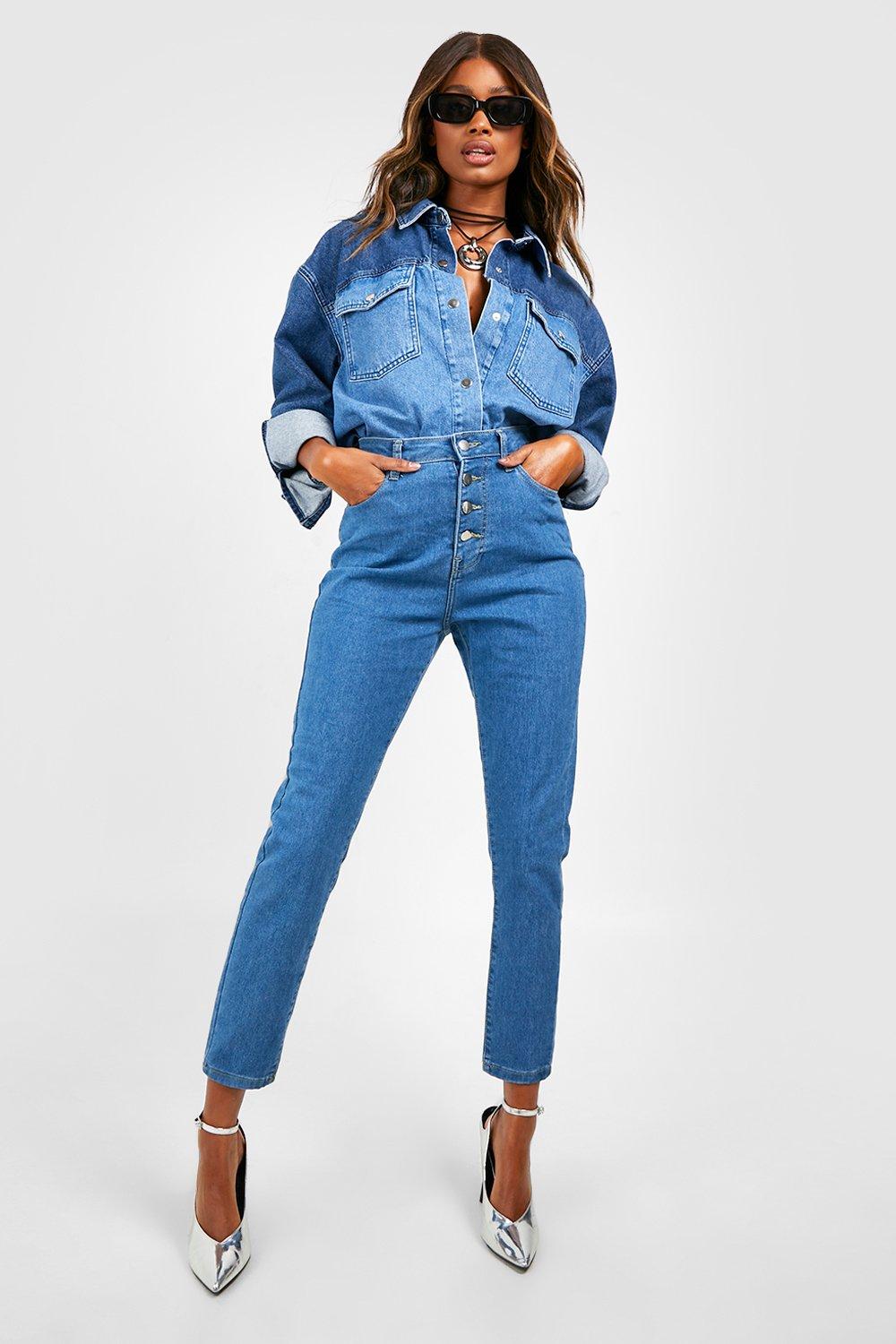 Triple button store high waisted jeans